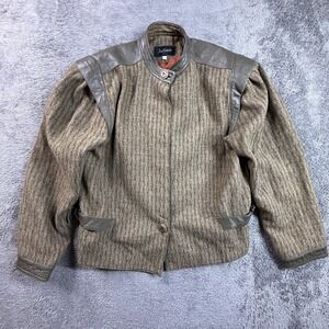 Vintage 80s Julien Seoul Wool Herringbone Leather Trim Belted Moto Jacket Womens